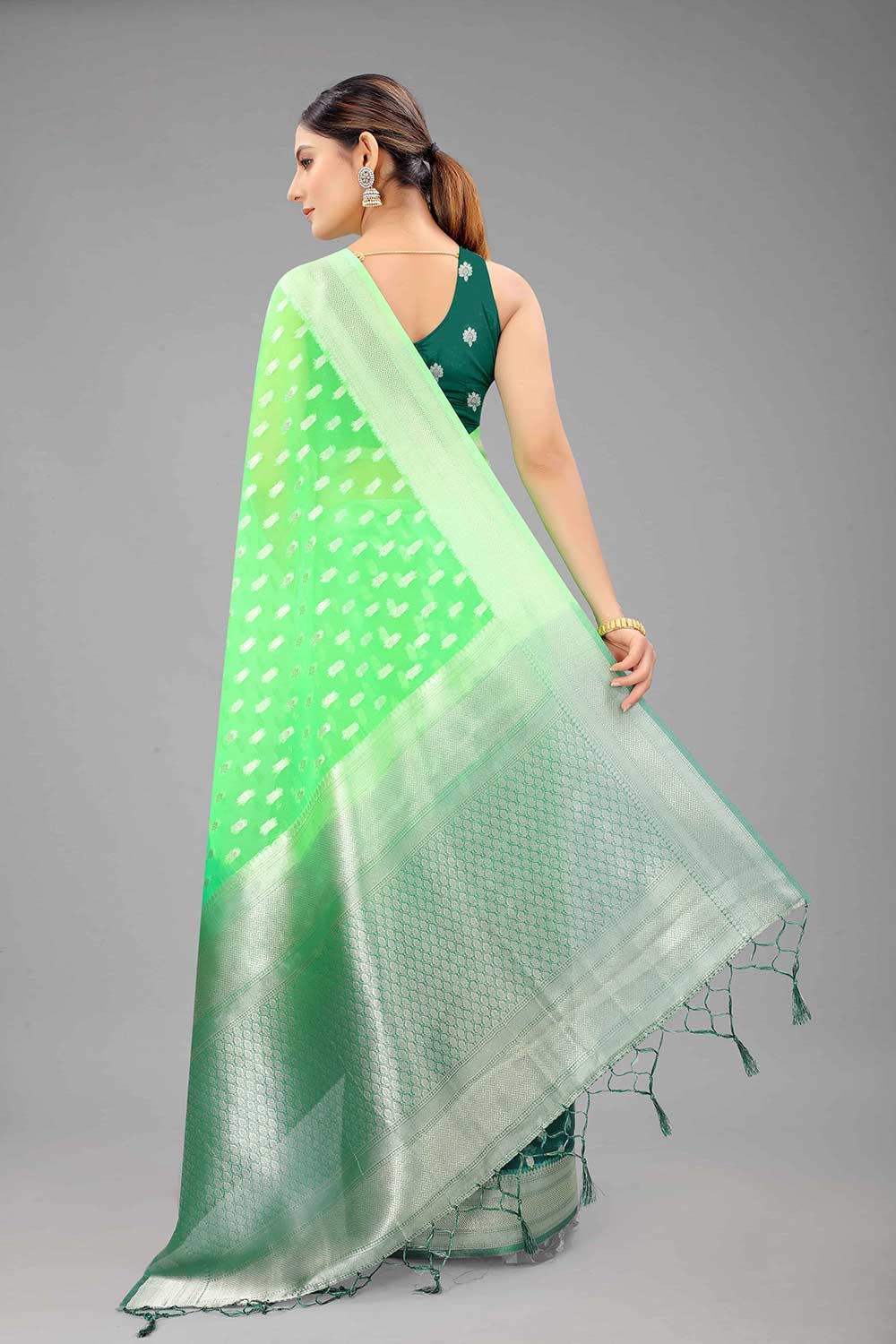 Buy Green Nylon Organza Ethnic Motifs Banarasi Saree Online - Front 