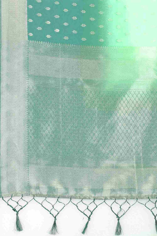 Buy Green Nylon Organza Ethnic Motifs Banarasi Saree Online - Side 