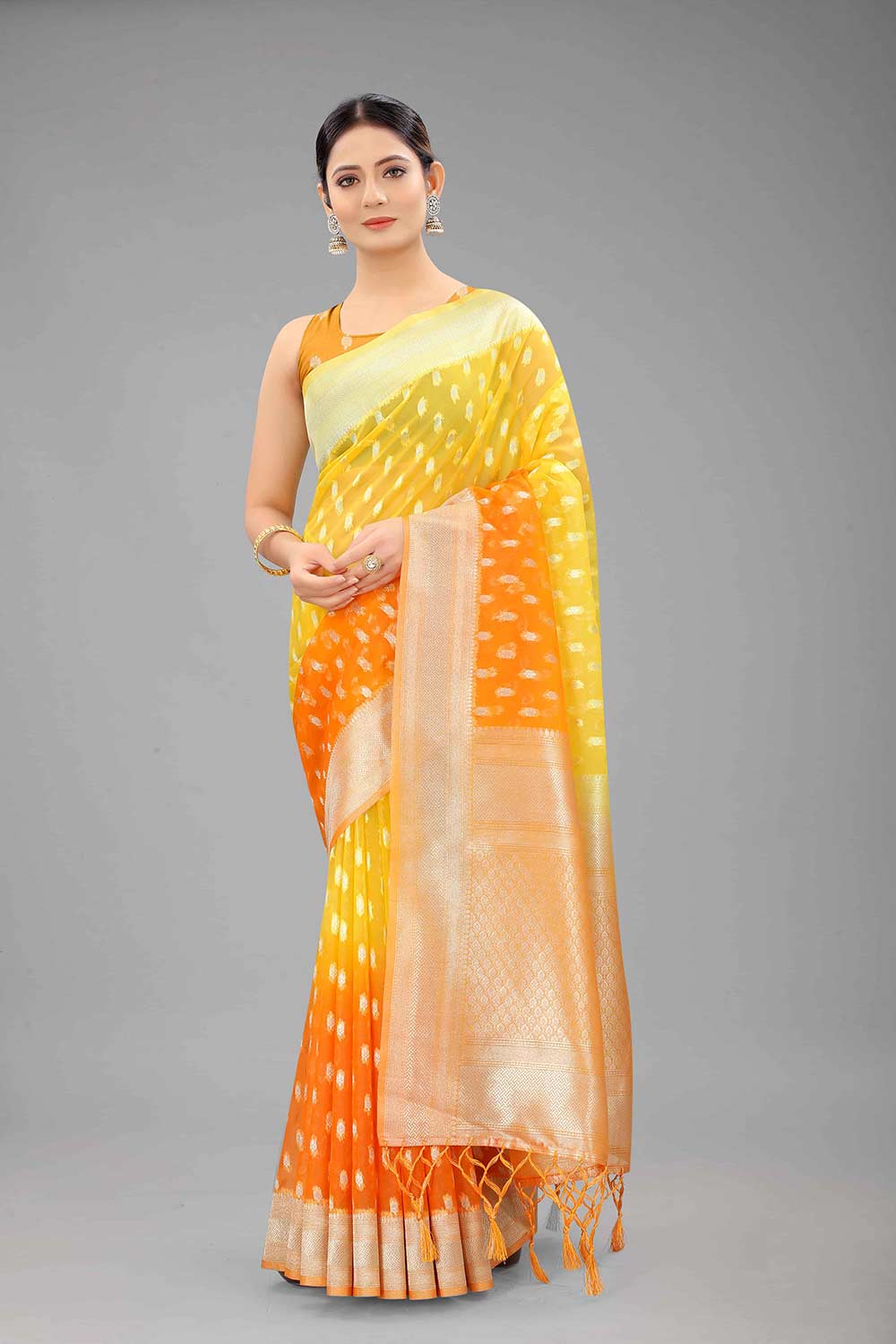 Buy Yellow Nylon Organza Ethnic Motifs Banarasi One Minute Saree Online 