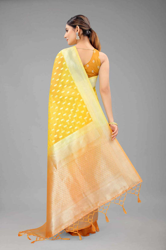 Buy Yellow Nylon Organza Ethnic Motifs Banarasi Saree Online - Front 