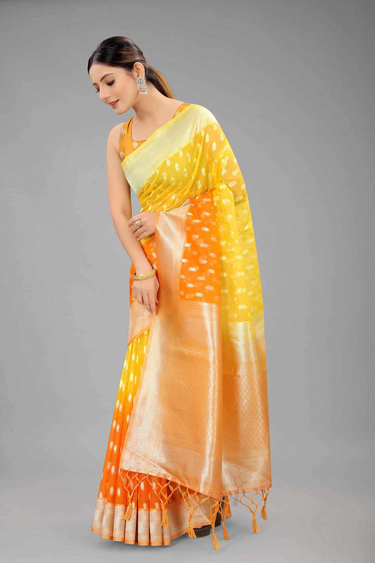 Buy Yellow Nylon Organza Ethnic Motifs Banarasi Saree Online - Back 