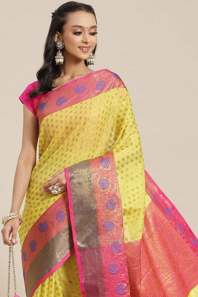 Buy Yellow Soft Art Silk Floral Printed Banarasi One Minute Saree Online 