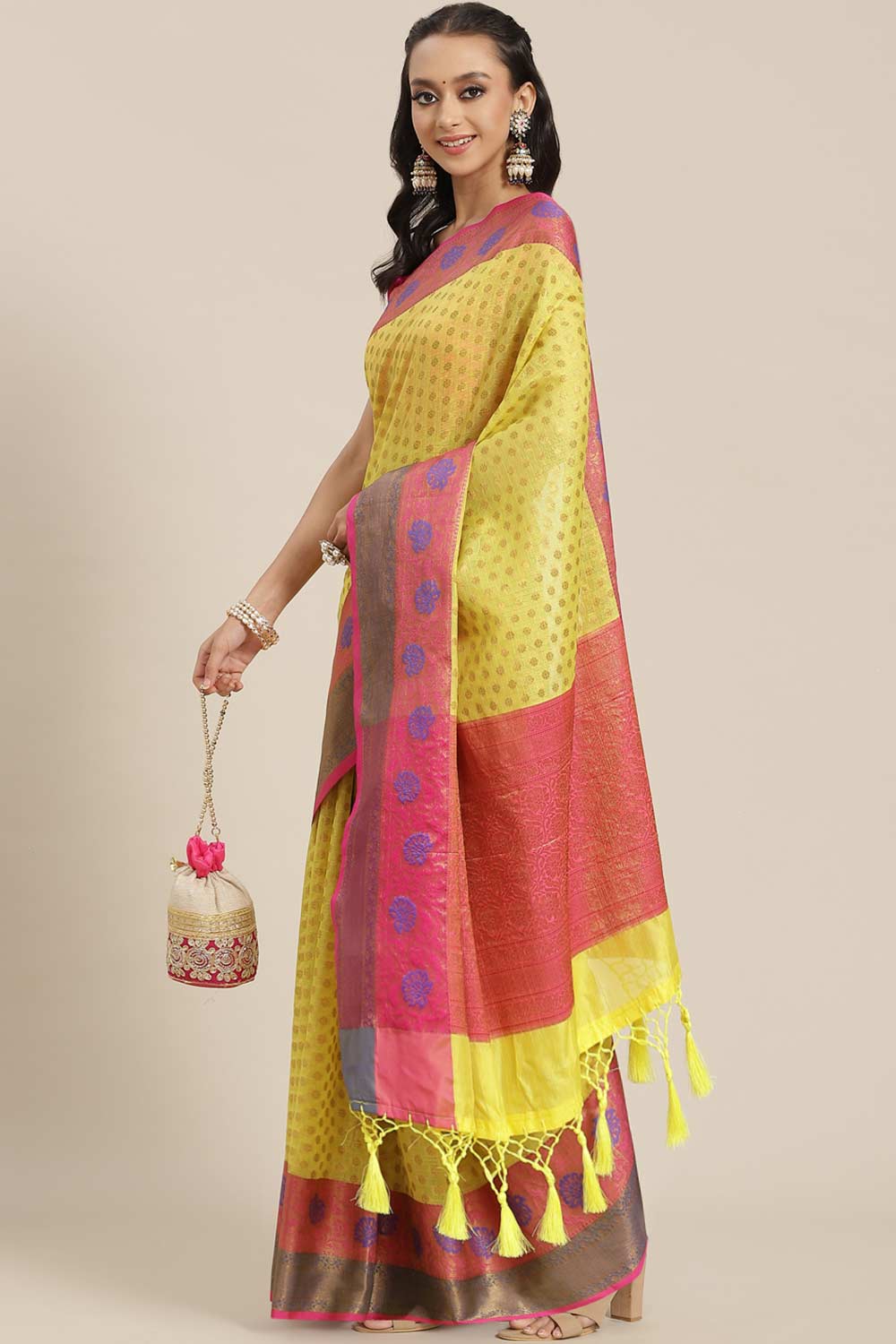 Buy Yellow Soft Art Silk Floral Printed Banarasi Saree Online - Front 