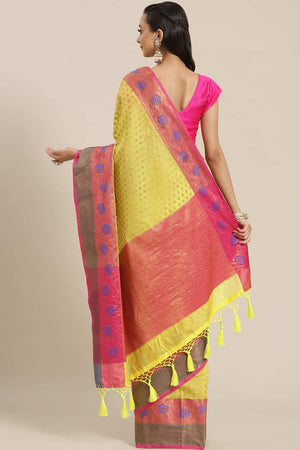 Buy Yellow Soft Art Silk Floral Printed Banarasi Saree Online - Back 
