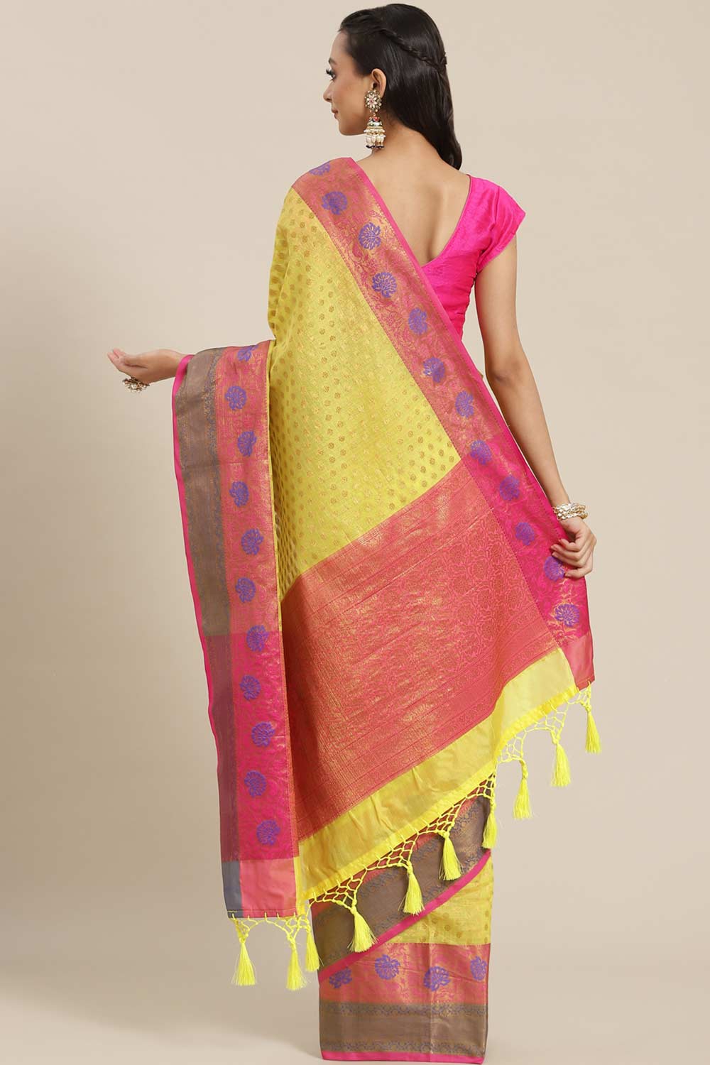 Buy Yellow Soft Art Silk Floral Printed Banarasi Saree Online - Back 