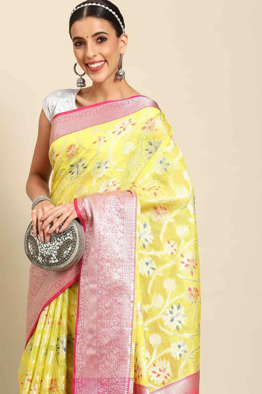 Buy Yellow Art Silk Floral Printed brocade One Minute Saree Online 