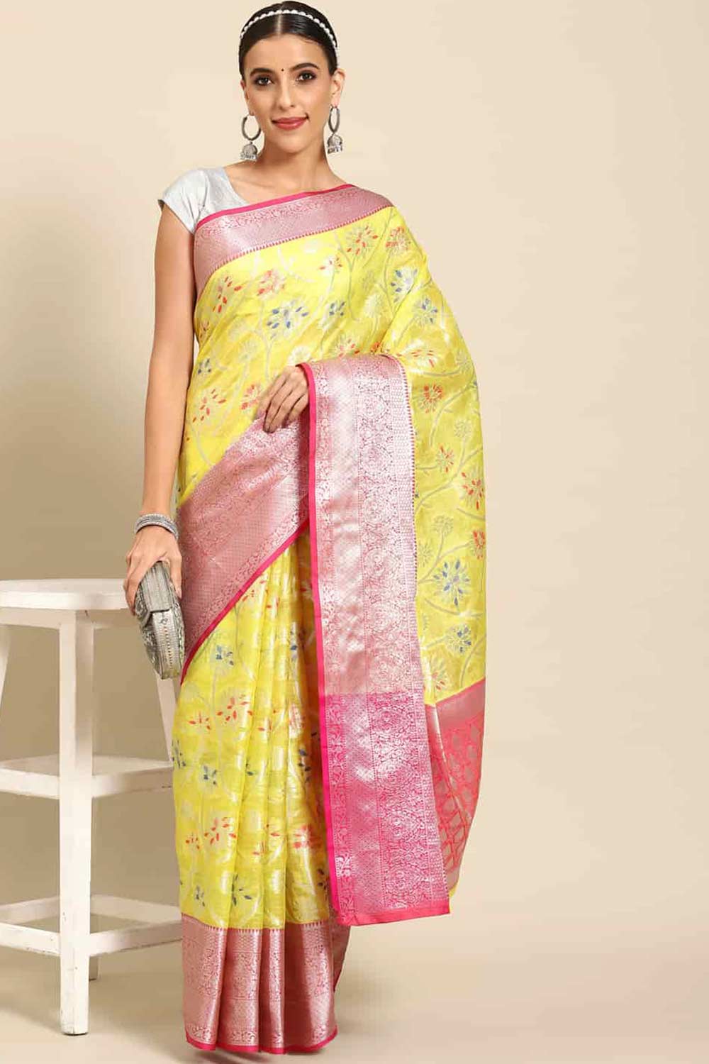 Buy Yellow Art Silk Floral Printed brocade Saree Online - Front 