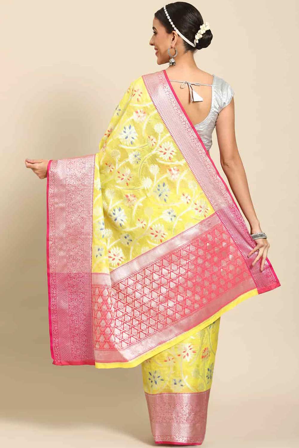 Buy Yellow Art Silk Floral Printed brocade Saree Online - Back 
