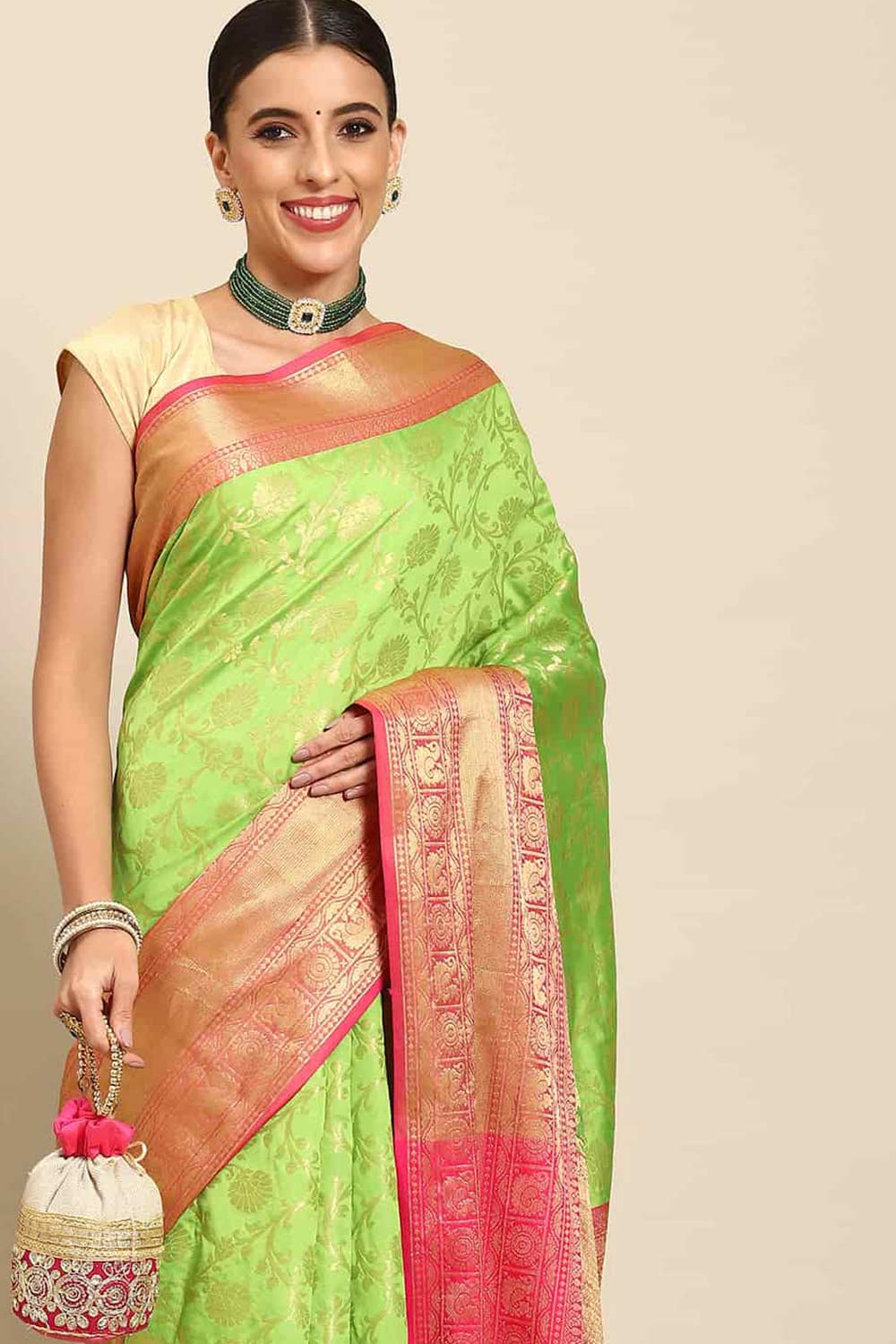 Buy Parrot Green Art Silk floral brocade One Minute Saree Online 