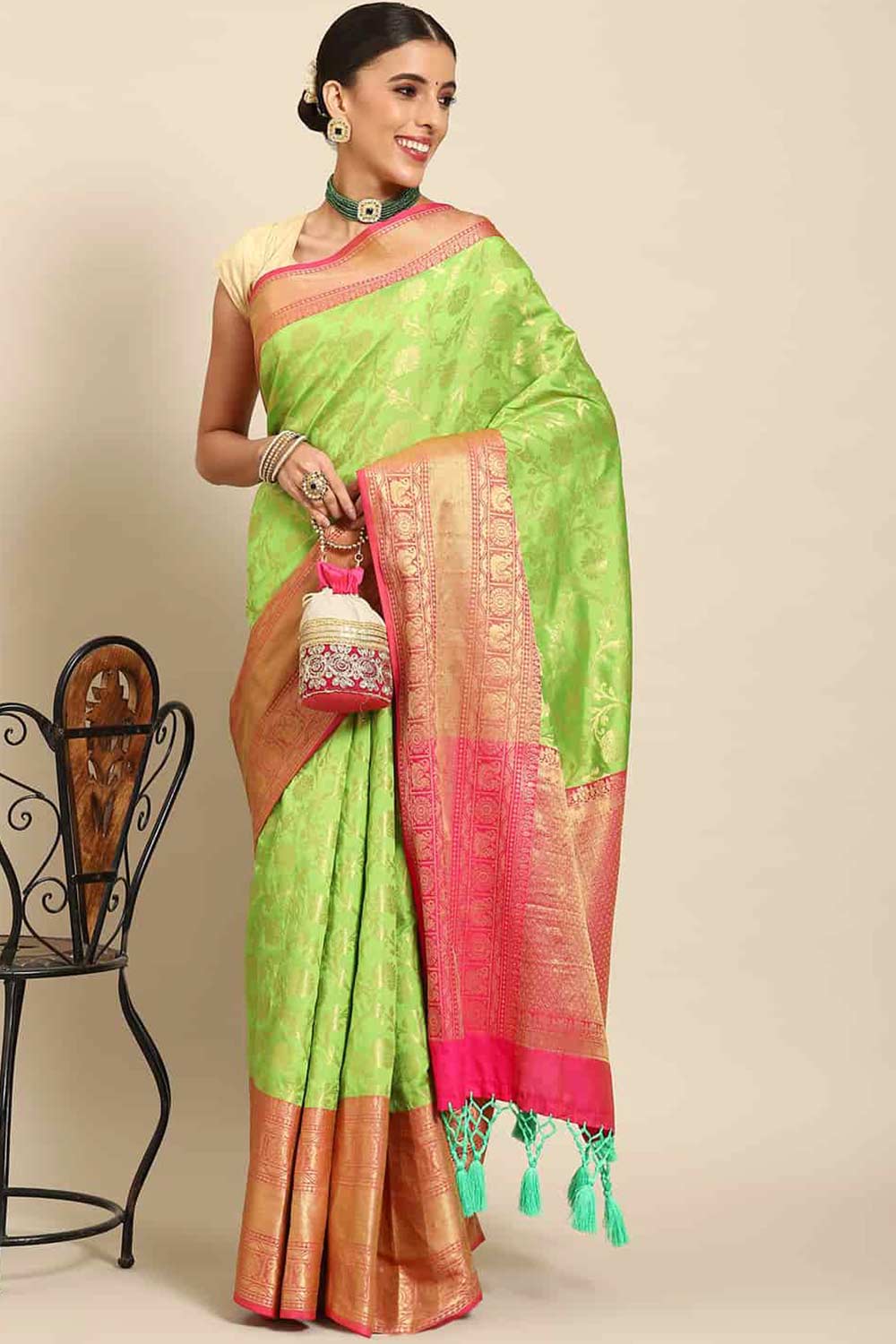 Buy Parrot Green Art Silk floral brocade Saree Online - Front 