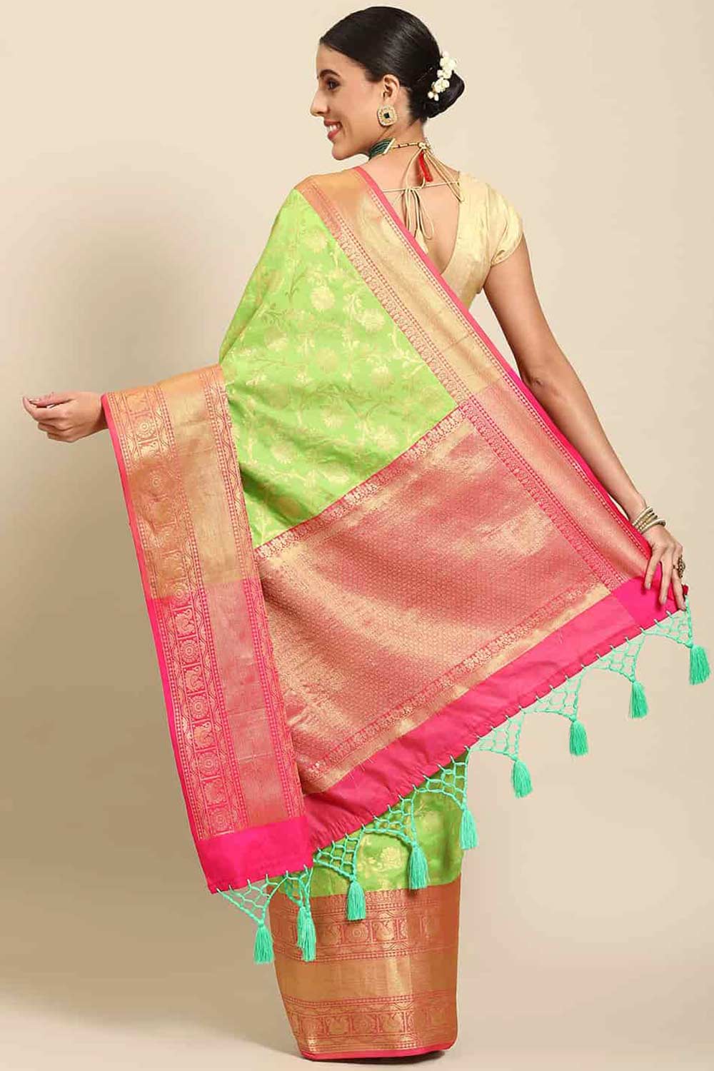 Buy Parrot Green Art Silk floral brocade Saree Online - Back 