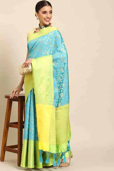 Buy Teal Art Silk floral brocade Saree Online - Front 