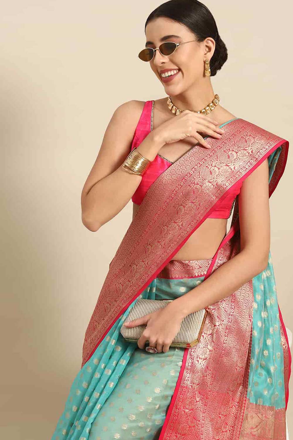 Buy Teal Art Silk Ethnic Motifs Banarasi One Minute Saree Online 