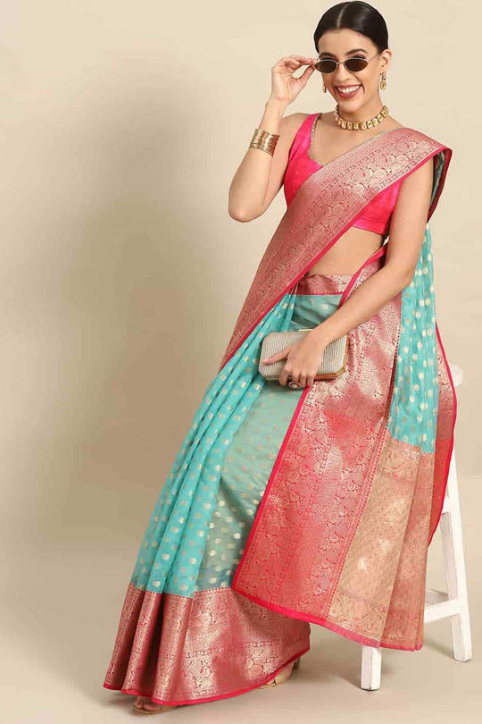 Buy Teal Art Silk Woven Banarasi Saree Online - Front 