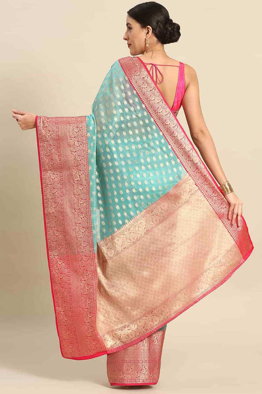 Buy Teal Art Silk Ethnic Motifs Banarasi Saree Online - Back 