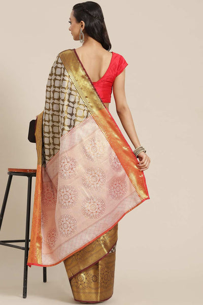 Buy mahendi Soft Art Silk Floral Printed Banarasi Saree Online - Back 