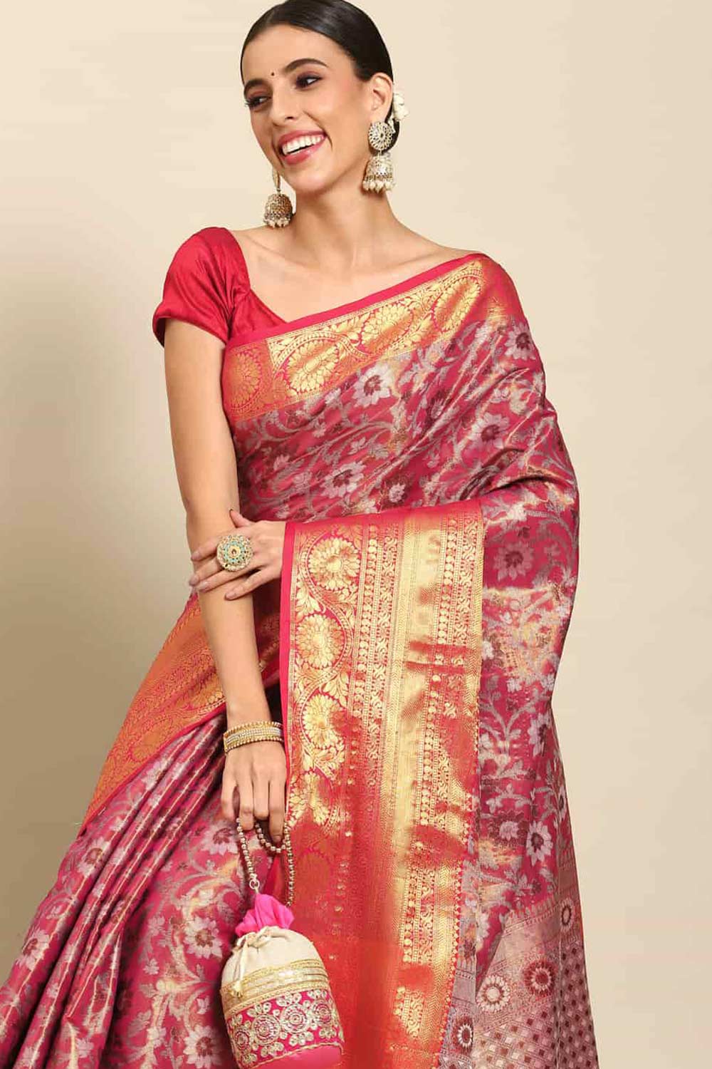 Buy Pink Art Silk brocade One Minute Saree Online 