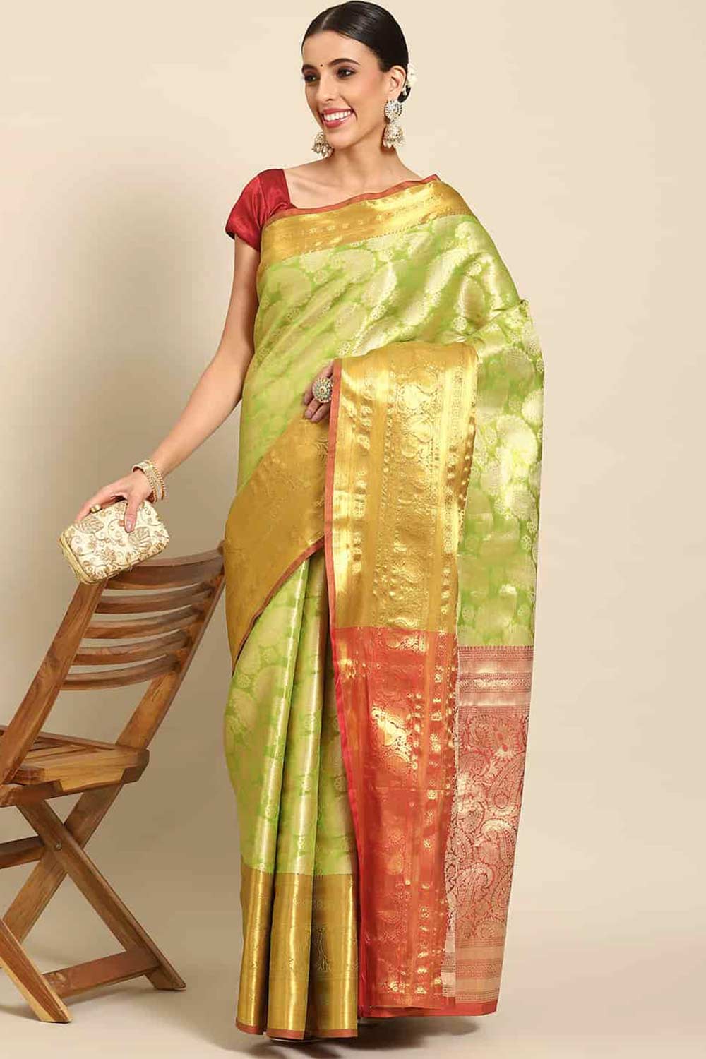 Buy Parrot Green Art Silk brocade One Minute Saree Online 
