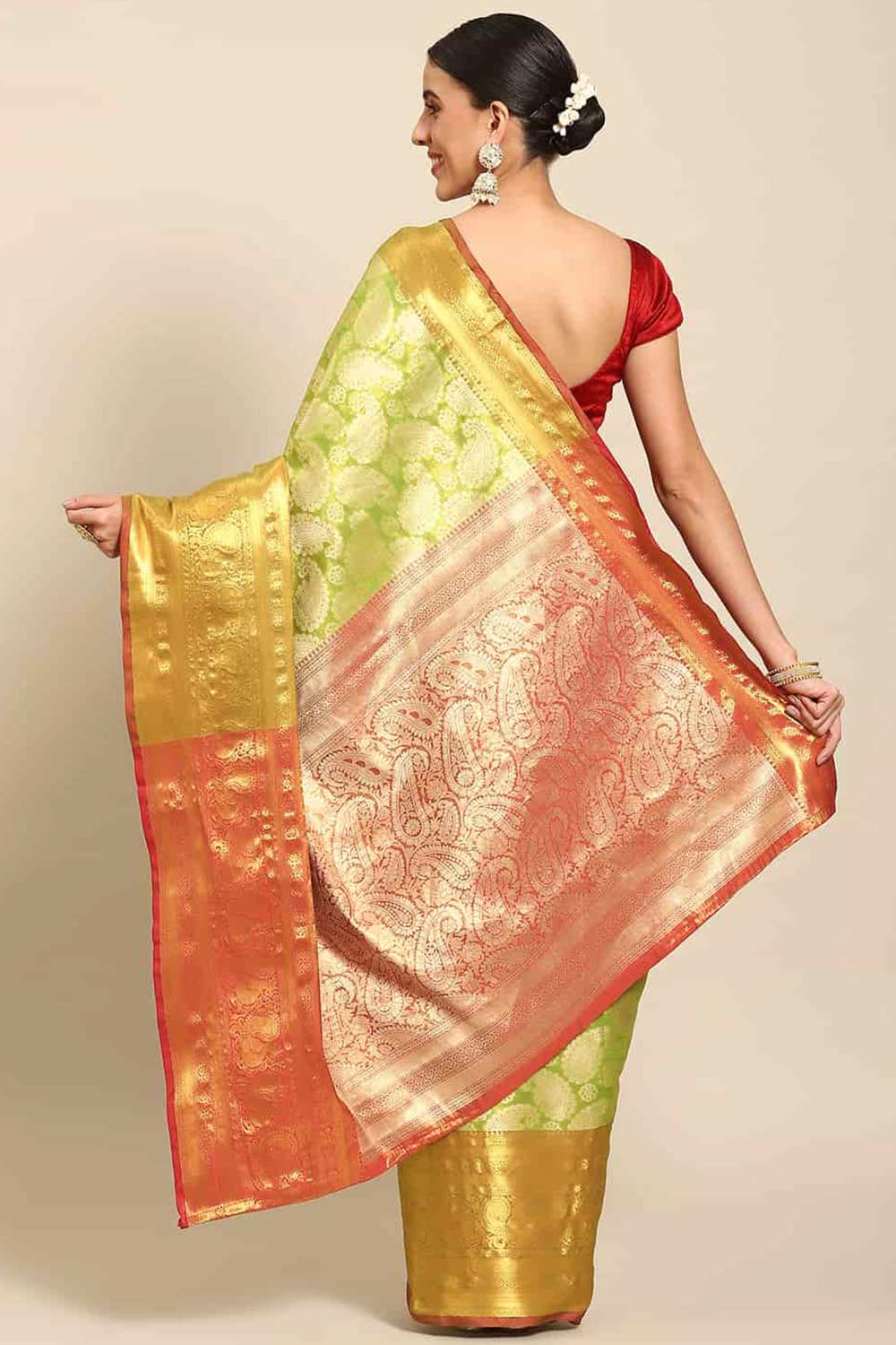 Buy Parrot Green Art Silk brocade Saree Online - Front 