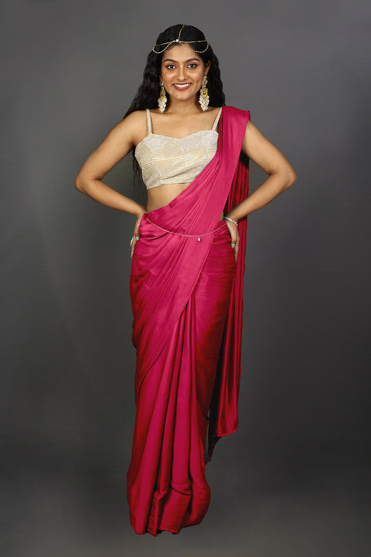 Shana Pink & Red Satin Ombre Ready to Wear One Minute Saree