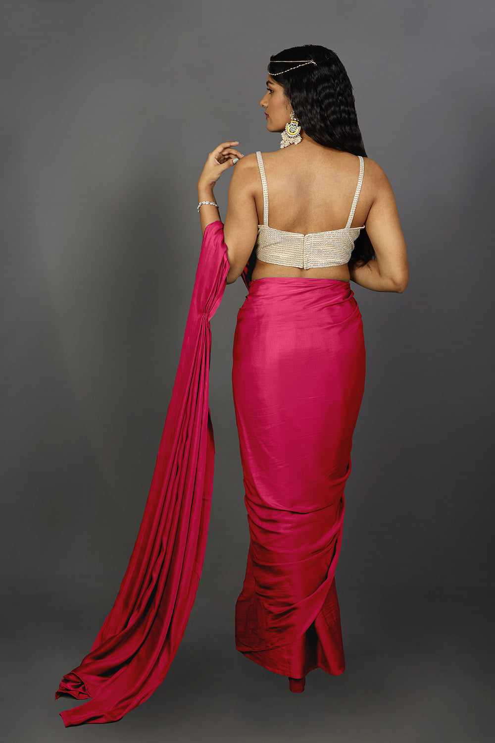 Shana Pink & Red Satin Ombre Ready to Wear One Minute Saree