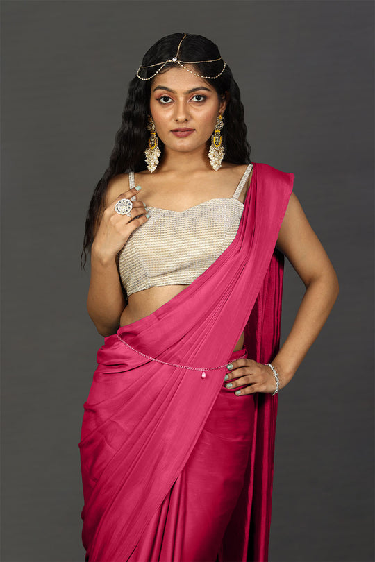Shana Pink & Red Satin Ombre Ready to Wear One Minute Saree