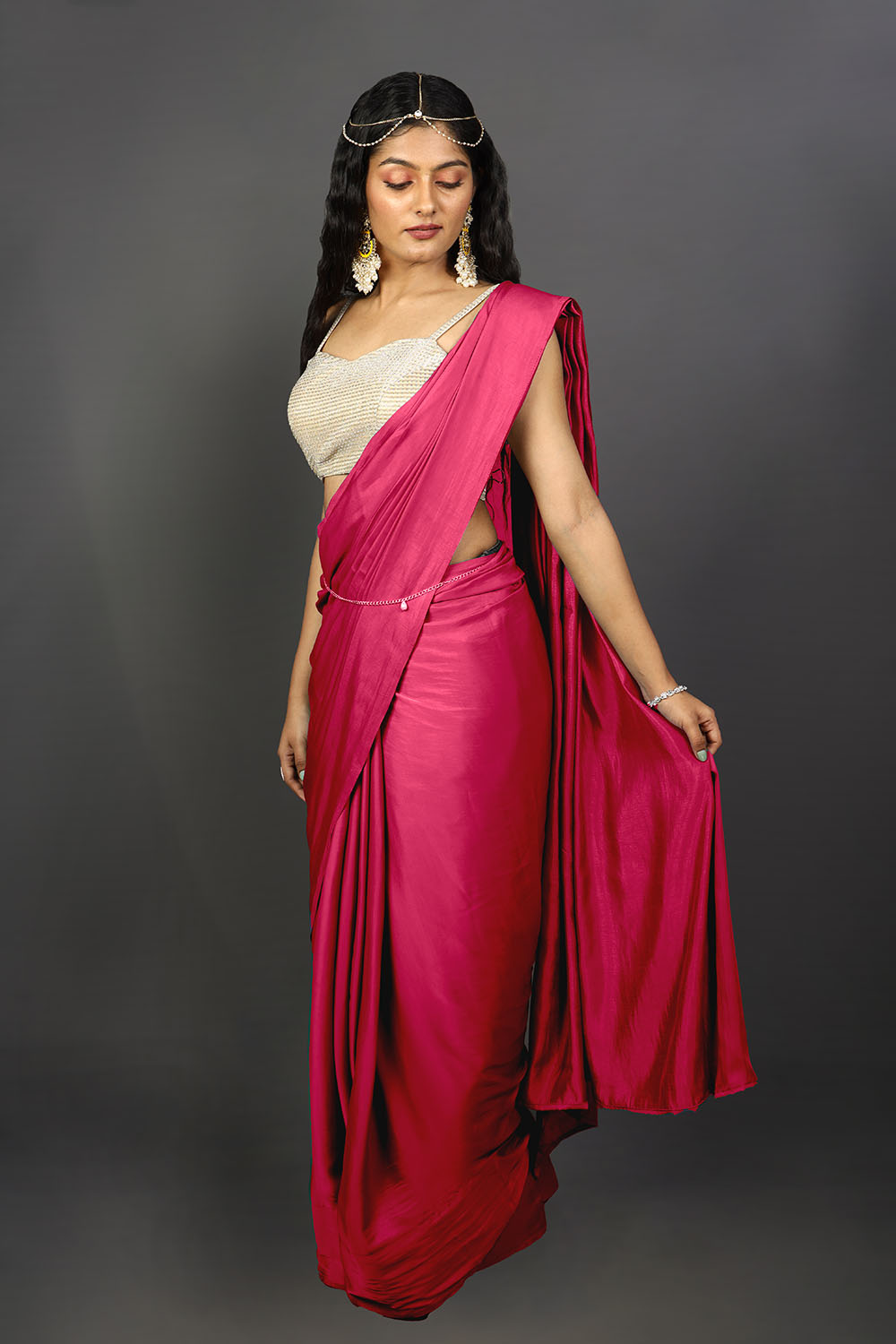 Shana Pink & Red Satin Ombre Ready to Wear One Minute Saree