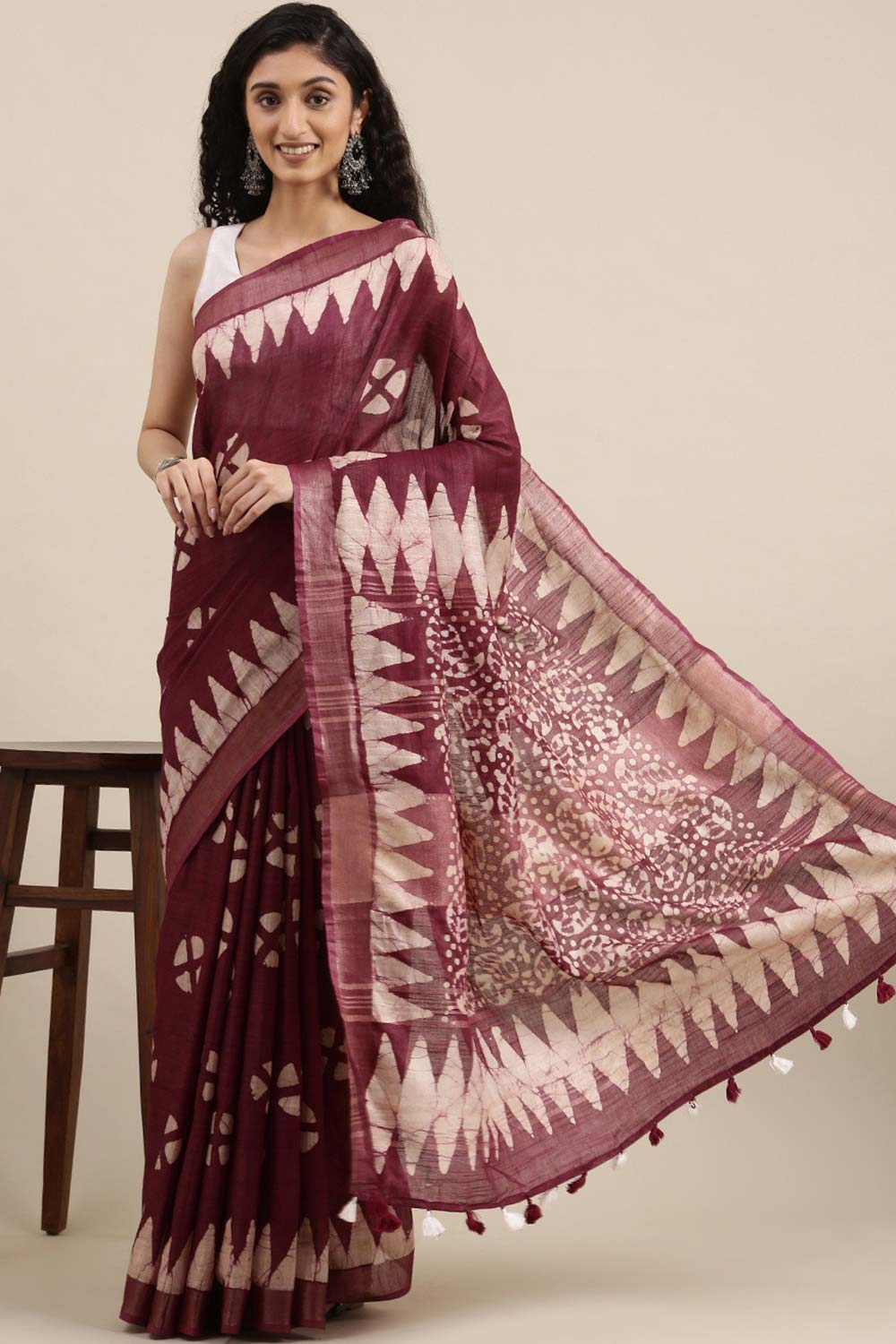Wilda Burgundy Cotton Blend Batik One Minute Saree