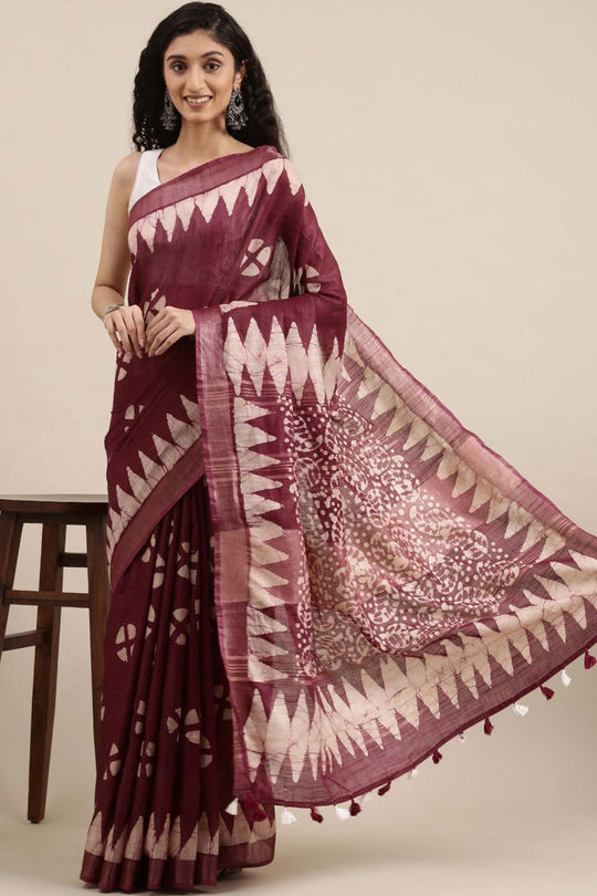 Wilda Burgundy Cotton Blend Batik One Minute Saree