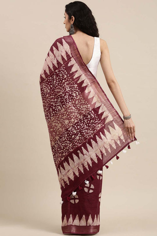 Wilda Burgundy Cotton Blend Batik One Minute Saree