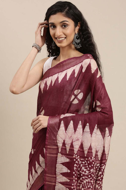 Wilda Burgundy Cotton Blend Batik One Minute Saree