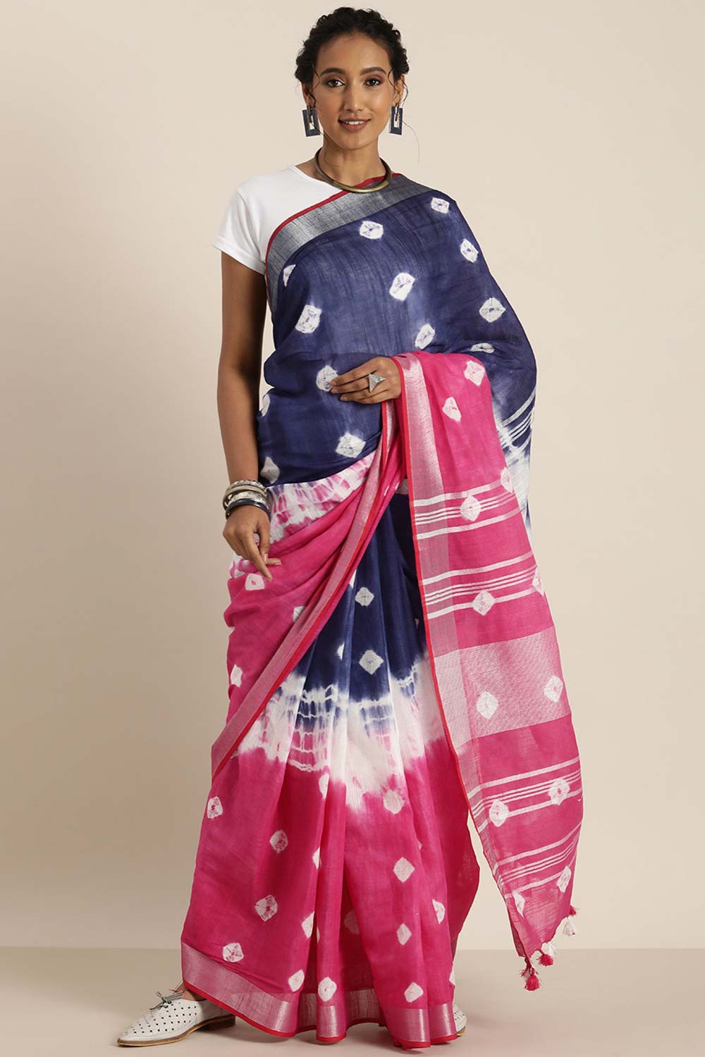 Zora Navy Blue Cotton Blend Bandhani One Minute Saree