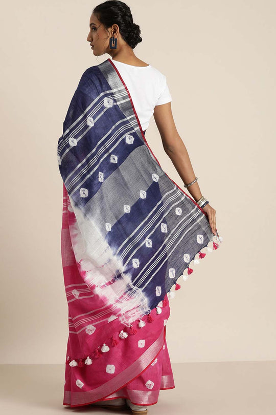 Zora Navy Blue Cotton Blend Bandhani One Minute Saree