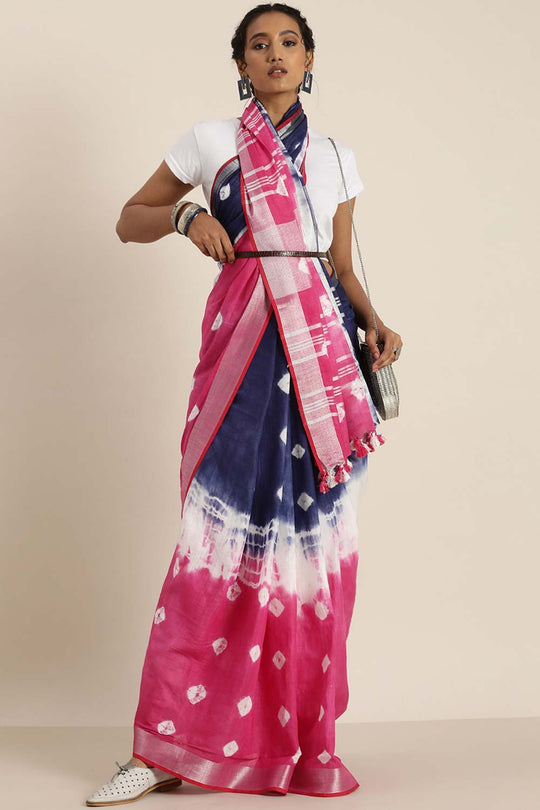 Zora Navy Blue Cotton Blend Bandhani One Minute Saree