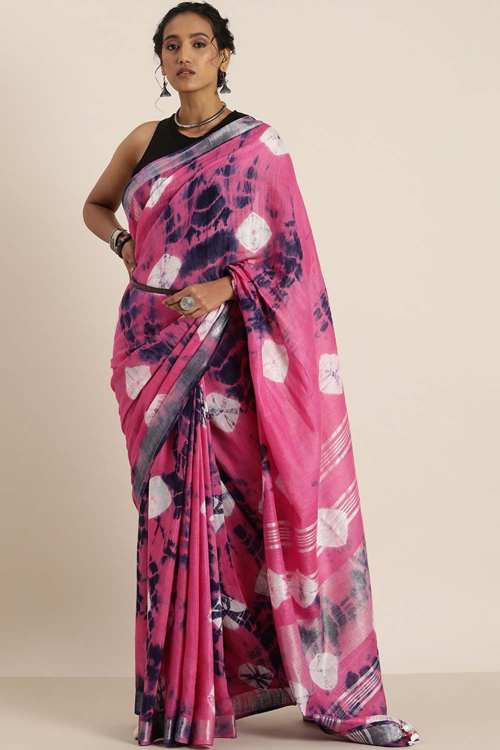 Sita Pink Cotton Blend Bandhani One Minute Saree