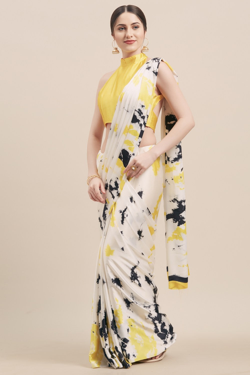 Buy Women's Satin Half and Half Saree in White & Yellow