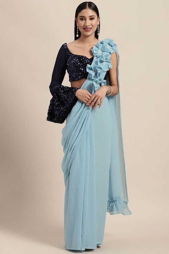 Lana Blue Solid Poly Georgette Pleated Pallu With Sequin Blouse One Minute Saree