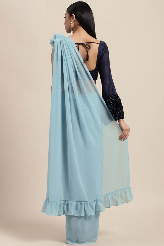 Lana Blue Solid Poly Georgette Pleated Pallu With Sequin Blouse One Minute Saree