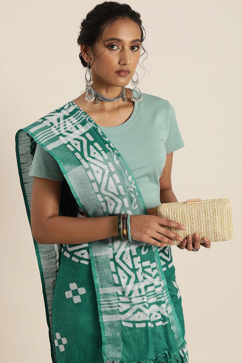 Kohli Green Cotton Blend Block Print One Minute Saree