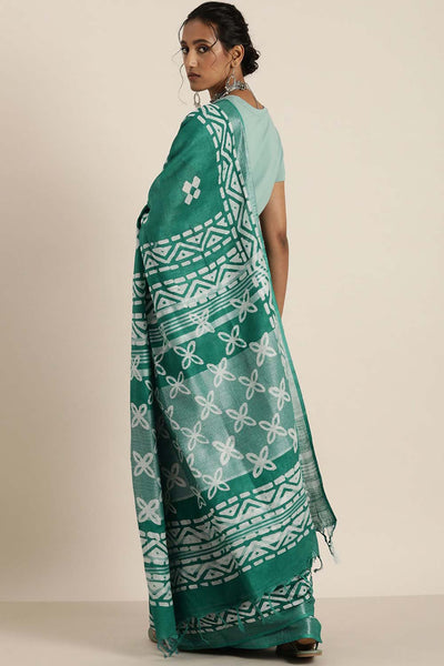 Kohli Green Cotton Blend Block Print One Minute Saree