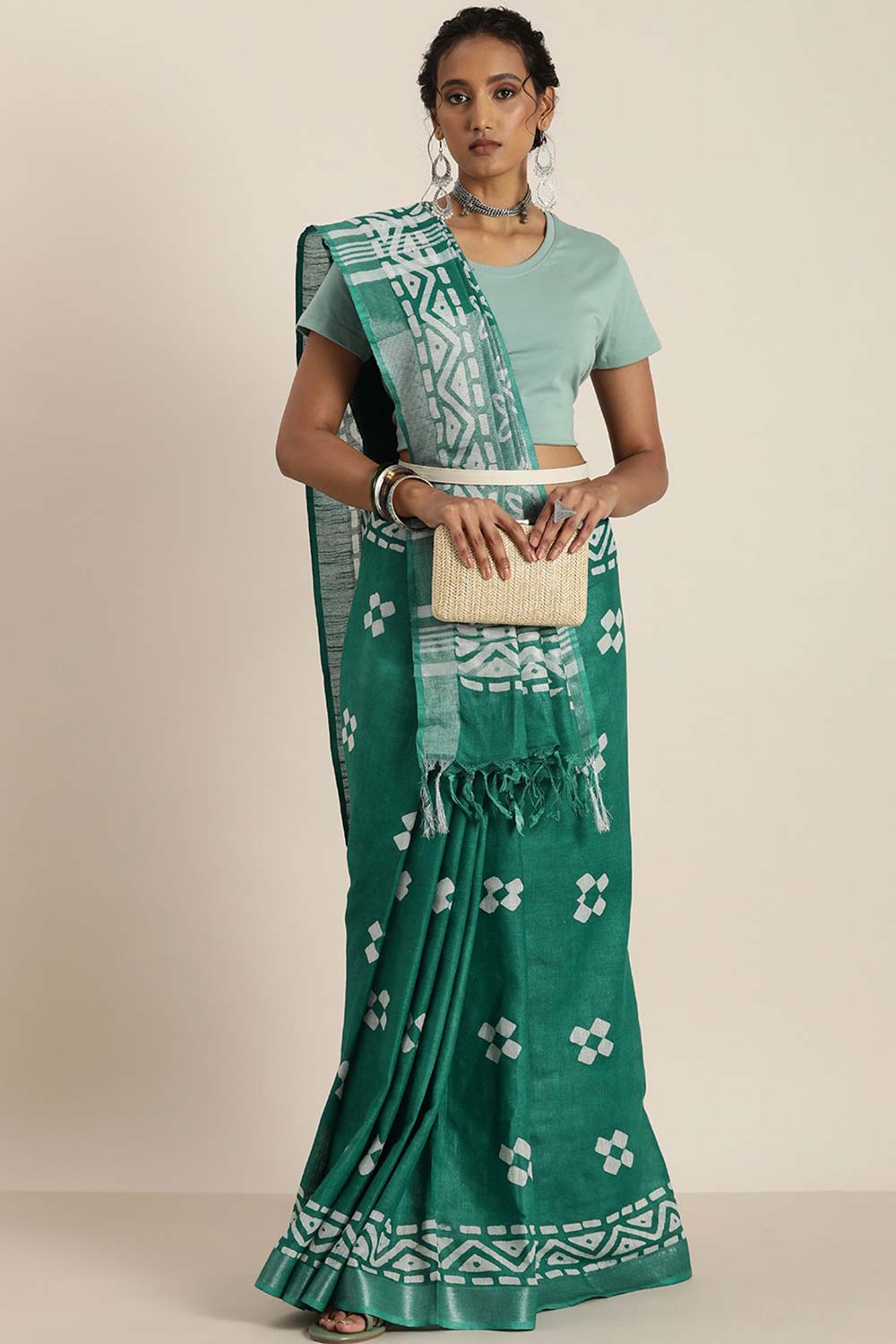 Kohli Green Cotton Blend Block Print One Minute Saree