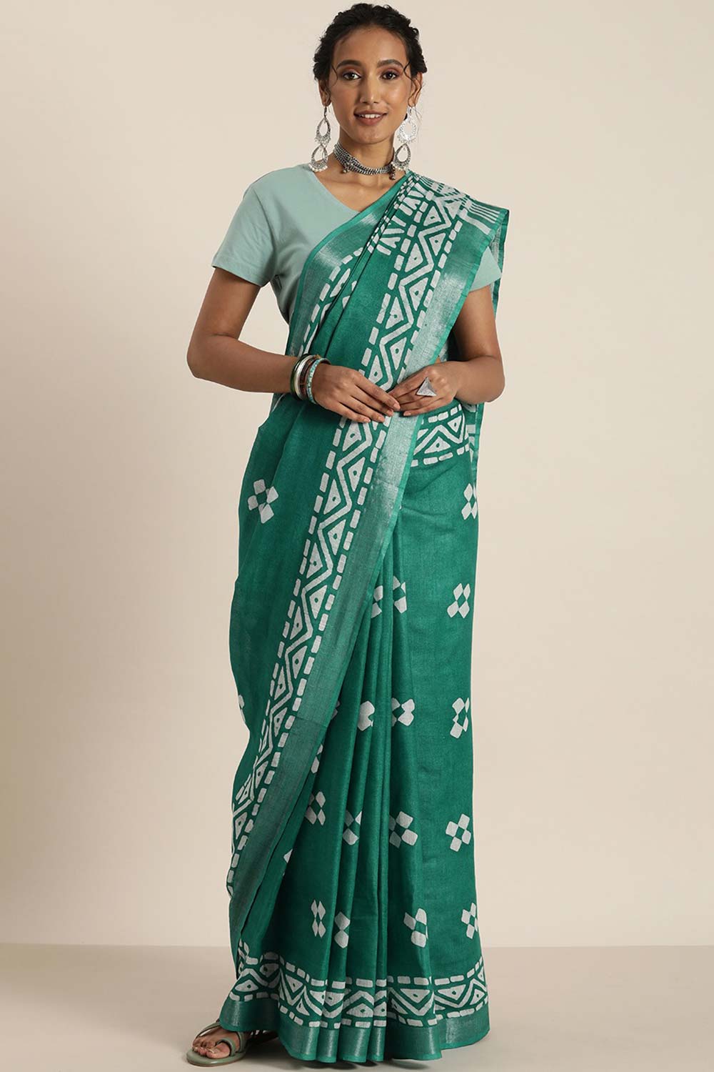 Kohli Green Cotton Blend Block Print One Minute Saree