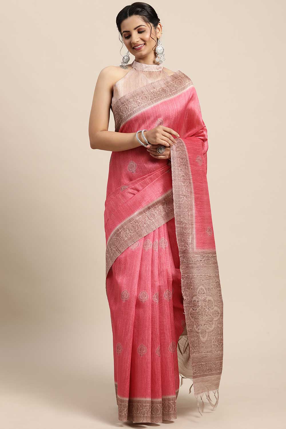 Betsy Silk Blend Pink Printed One Minute Saree