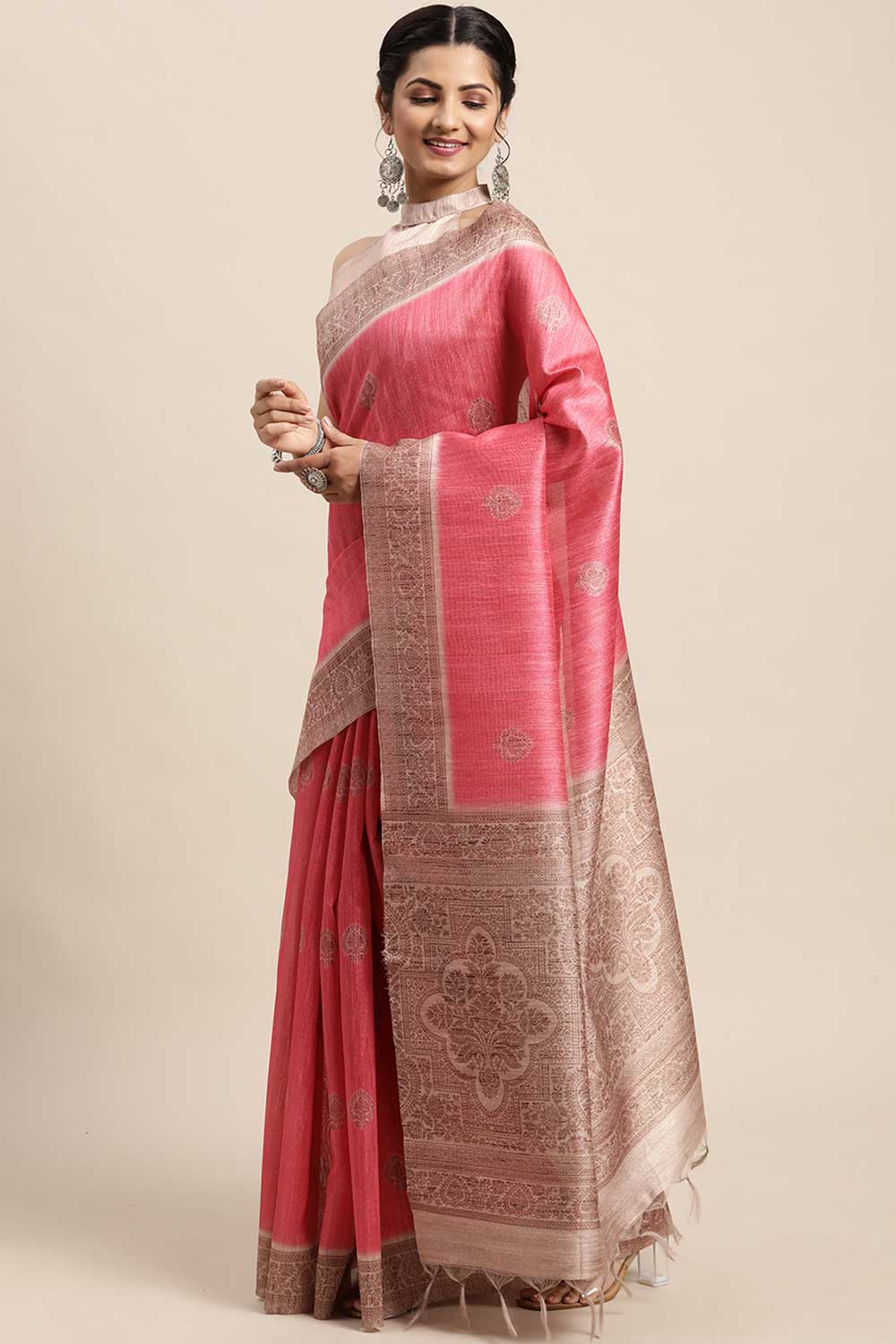 Betsy Silk Blend Pink Printed One Minute Saree