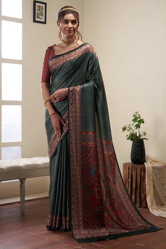 Neetu Green Silk Blend Kalamkari Digital Print Banarasi One Minute Saree