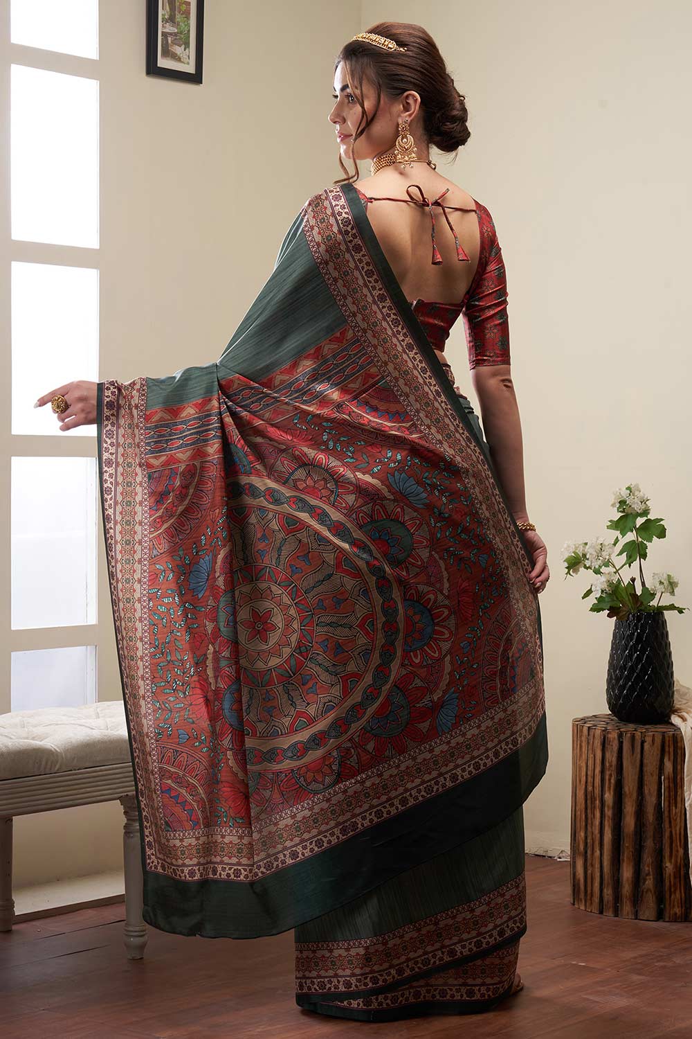 Neetu Green Silk Blend Kalamkari Digital Print Banarasi One Minute Saree