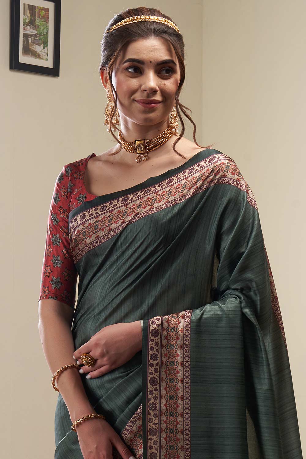 Neetu Green Silk Blend Kalamkari Digital Print Banarasi One Minute Saree