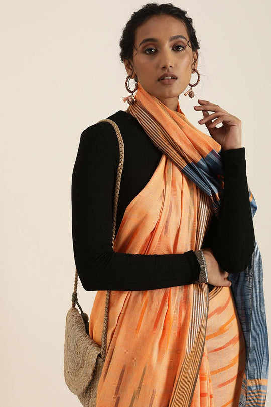 Lina Orange Cotton Blend Ikat One Minute Saree