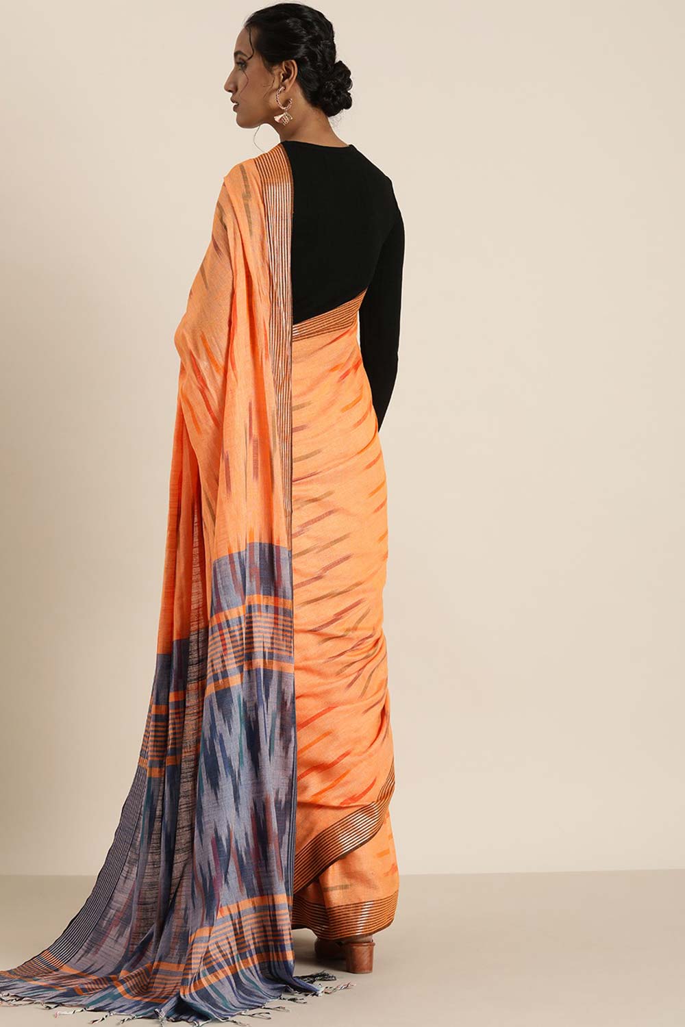 Lina Orange Cotton Blend Ikat One Minute Saree