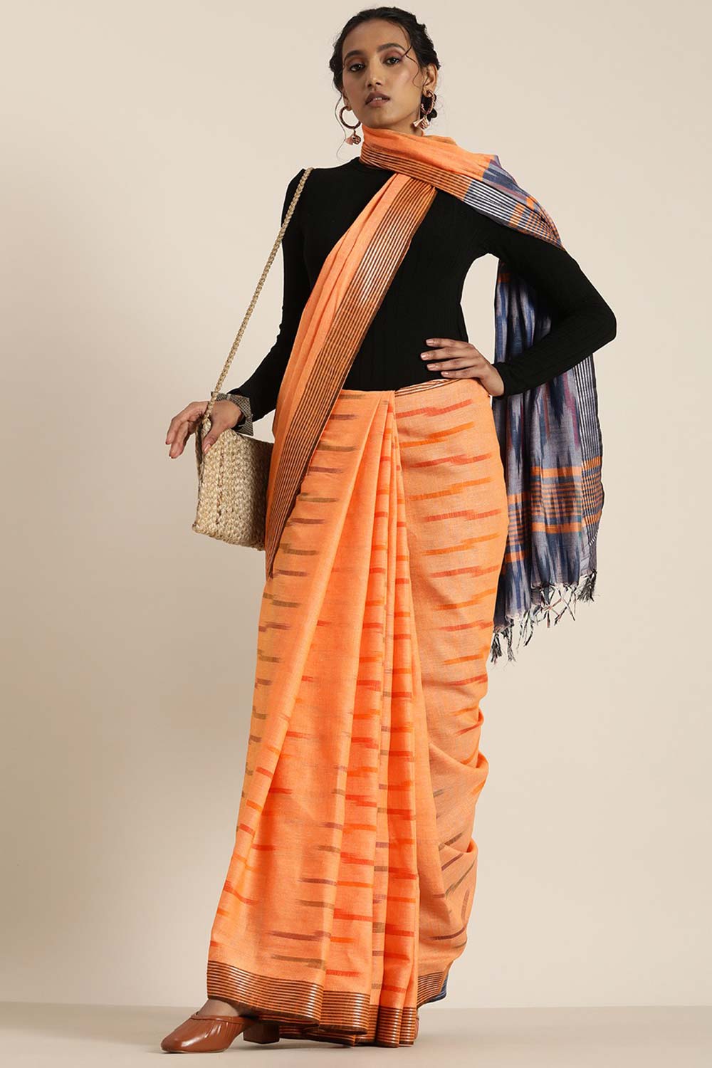 Lina Orange Cotton Blend Ikat One Minute Saree
